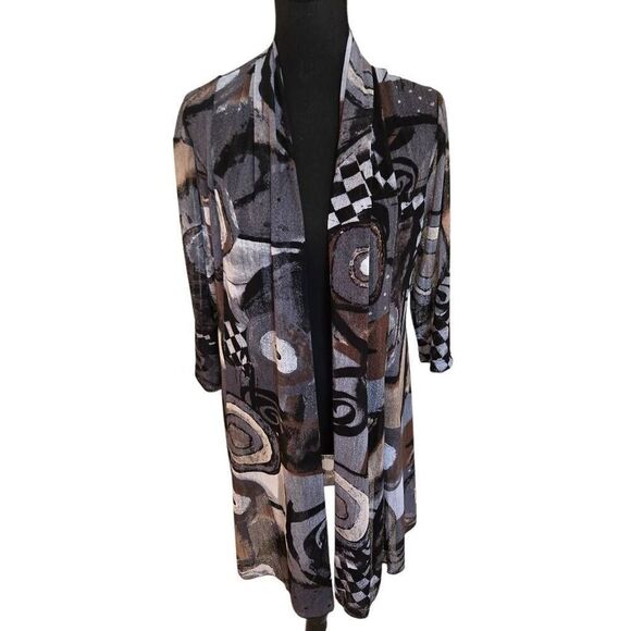 Whispers Womens Open Front Gray Black Print Mesh Cardigan Duster Top Large - Picture 10 of 10
